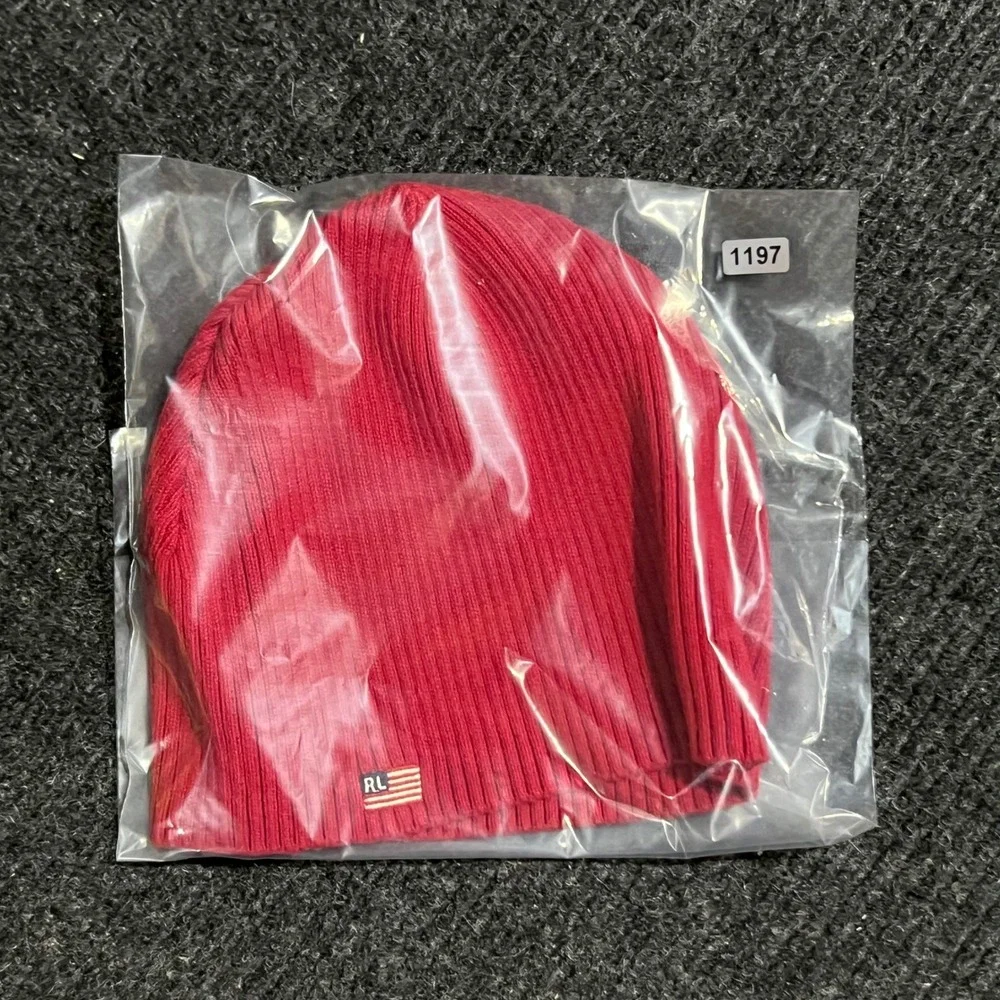Vintage Polo Ralph Lauren Beanie Mens One Size Red USA Flag Patch Ribbed Knit